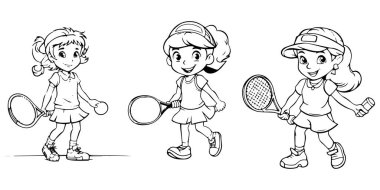 Tenis ve tenis oynayan çizgi film çocuklarının vektör kümesi