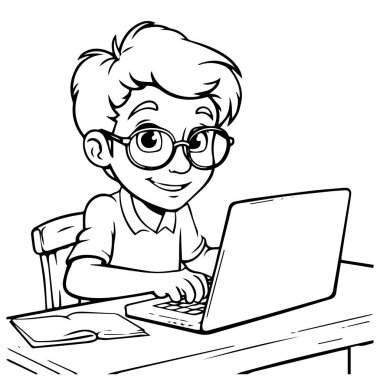 Bir çocuğun oturup ders çalışmasının karikatür çizimi