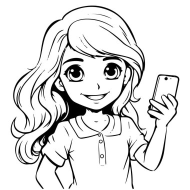 Beyaz arkaplan üzerinde akıllı telefon olan kız çizgi film vektörü