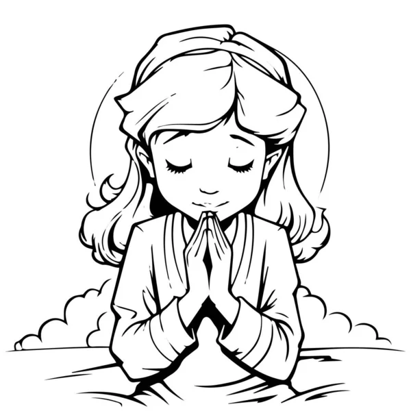 Çizgi film kızı dua pozisyonunda vektör illüstrasyonu