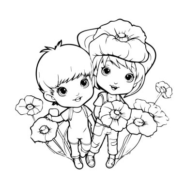 Bir buket çiçekli çizgi film çocuklarının vektör çizimi. boyama kitabı sayfası.