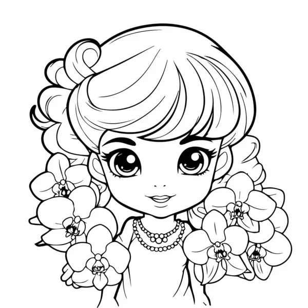 Çocuklar için boyama kitabı. Çiçekli ve çelenkli kız.