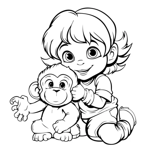 Çizgi filmdeki kızın bir maymunla oynadığı vektör çizimi.