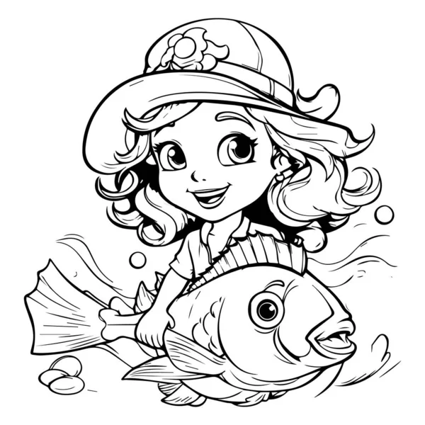 Balık tutan bir kızın vektör çizimi