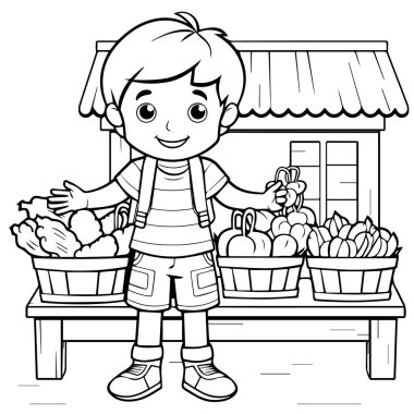 Sepet dolusu sebzesi olan çocuk.