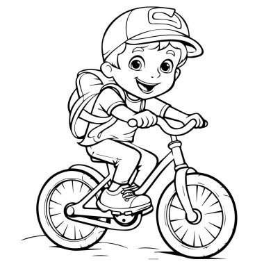 Bisiklet süren küçük bir çocuk. Çocuklar için boyama kitabı