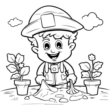 Kürekle gülümseyen mutlu çocuk. Çocuklar için boyama kitabı