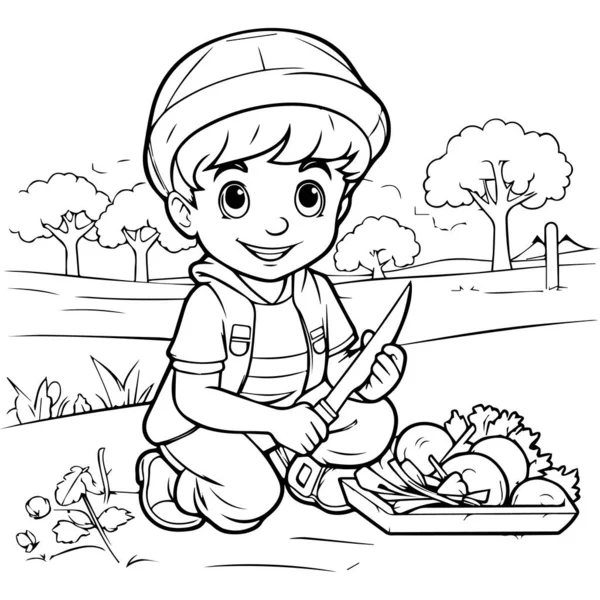 Tarlada küçük şirin bir çocuğun olduğu boyama sayfası..