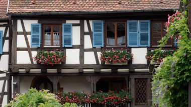 Penceresinde sardunyalar olan eski bir ev.