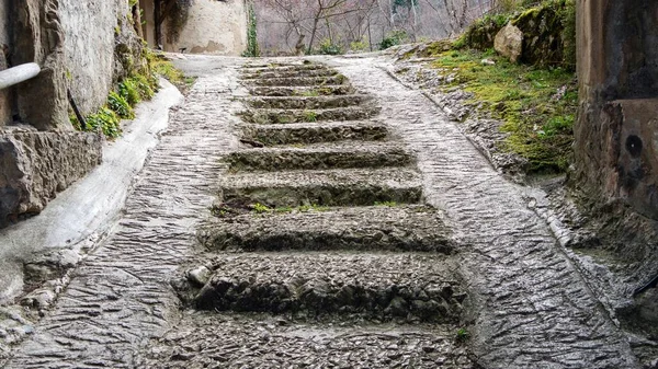 a stone path with steps leading up to a building