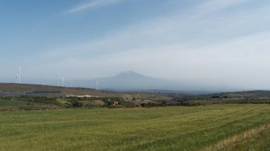 Arka planda güzel bir etna dağı görüntüsü ve yeşil bir alan.