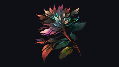 Koyu arkaplanda yaprakları olan bir çiçeğin renkli bir çizimi. Anime tarzı, manga tarzı. Vektör illüstrasyonu