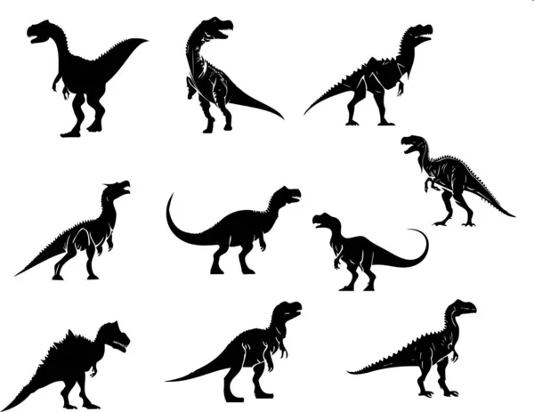 Набор Силуэтов Динозавров Изолированном Белом Фоне Векторная Иллюстрация — стоковый вектор
