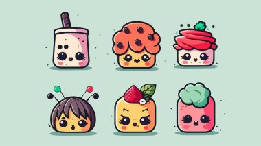 Tatlı Kawaii tatlısı - kek, badem kurabiyesi, dondurma. Vektör illüstrasyonu