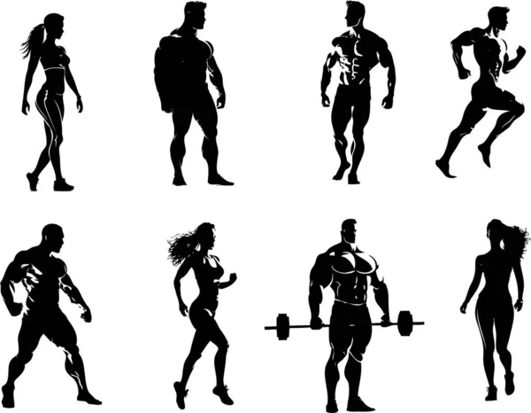 Set Silhouettes Athletes Fitness Logo Vector Illustration — Stock Vector