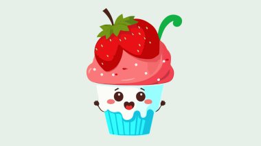 Çilekli şirin bir kek karakteri. Vektör illüstrasyonu