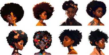 Siyah kadın silueti. Başı sarılı ve küpeli Afrikalı Amerikalı bir kız. Güzel bir kız profili. Elle yazılmış metinlerle süslenmiş. Vektör klipsi beyazda izole edildi. - Evet. Vektör illüstrasyonu