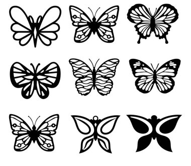 Kelebek silueti ayarlandı. Kelebek vektör çizimi. Kelebek, beyaz arka planda izole edilmiş vektör. Vektör çizimi. Kelebek uçar. Dosya kriketini, siluet kullanımını kes