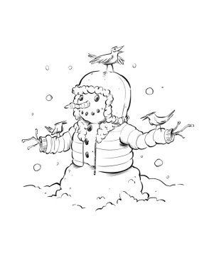 Kuşlarla çevrili kışlık giysiler içindeki bir kardan adamın siyah beyaz çizimi..