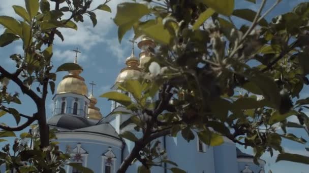 Wielki Niebieski Kościół Wychodzi Zza Drzew Aktorski Klasztor Złotej Kopuły — Wideo stockowe