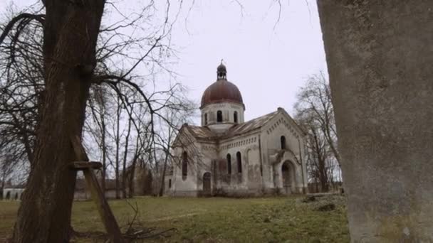 Una Vecchia Chiesa Pietra Ortodossa Abbandonata Mezzo Alla Foresta — Video Stock