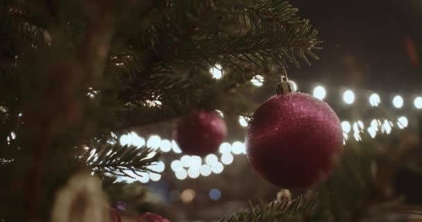 Nahaufnahme Von Roten Runden Kugeln Auf Grünen Zweigen Eines Weihnachtsbaums — Stockvideo