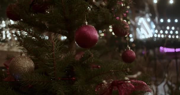 Nahaufnahme Von Roten Runden Kugeln Auf Grünen Zweigen Eines Weihnachtsbaums — Stockvideo
