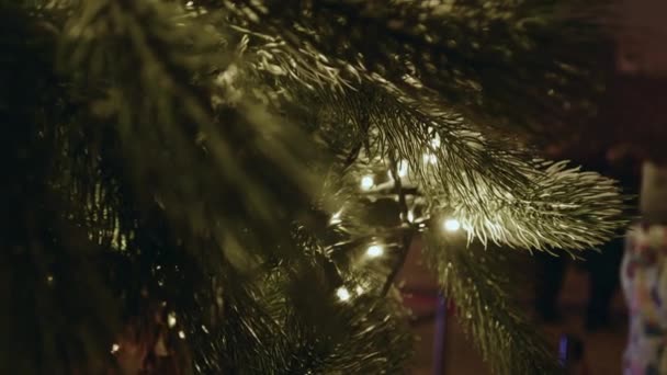 Ζεστά Και Φωτεινά Φώτα Στα Κλαδιά Ενός Χριστουγεννιάτικου Δέντρου Κάπου — Αρχείο Βίντεο