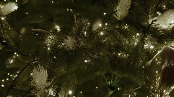 Luzes Quentes Brilhantes Nos Ramos Uma Árvore Natal Algum Lugar — Vídeo de Stock