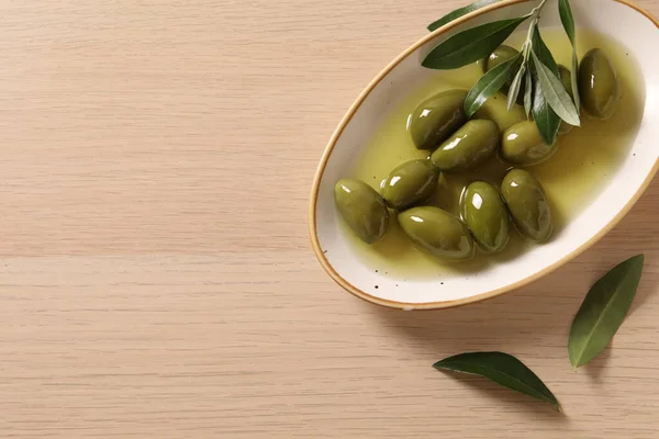 Bowl Olive Oil Grey Table Flat Lay Space Text — Stock Photo, Image
