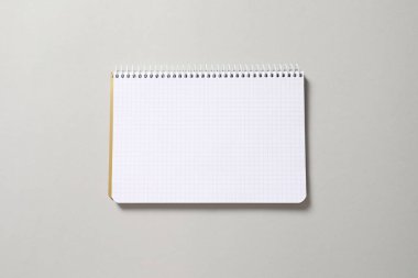 Beyaz arkaplanda boş spiral defter ve kalem.