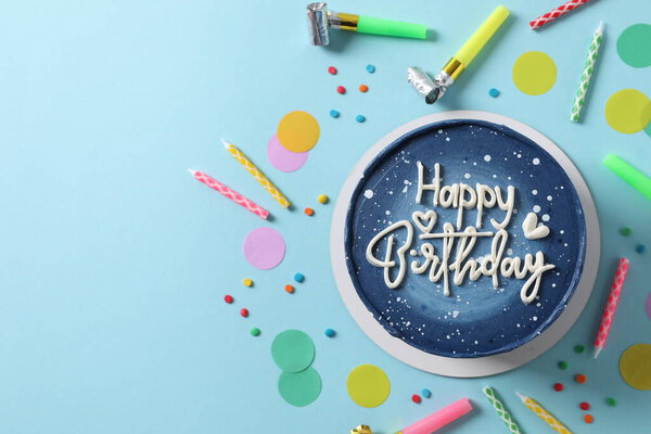 Happy Birthday Concept Colorful Birthday Candles Confetti Gift Boxes Blue — Stock Photo, Image