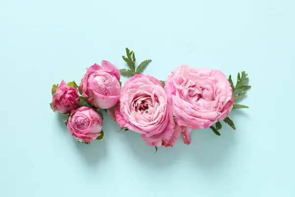 Pastel mavi arka planda bir buket taze pembe şakayık çiçeği. Düz yatış, üst manzara. Boşluğu kopyala