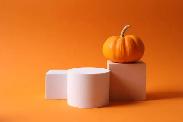 white pumpkin on orange and white background. autumn decor. thanksgiving day. minimalism concept. 3 d rendering