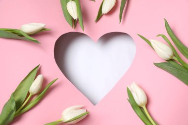 Pembe arka planda taze bahar laleleri olan bir kalp. Düz yatış, üst görünüm. 