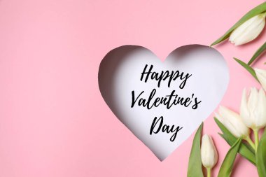 Pembe arka planda taze bahar laleleri olan bir kalp. Düz yatış, üst görünüm. 