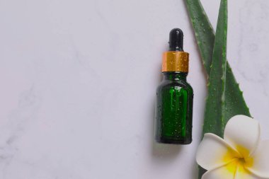 Beyaz arka planda taze aloe vera yapraklı düz bir kozmetik serumu. Organik kozmetik ürünleri. Üst görünüm düzlüğü, kopyalama alanı. Kozmetik, SPA markalaşması, maket.