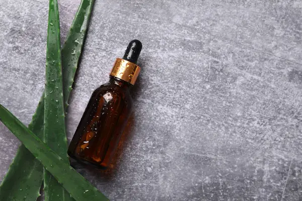 Gri arka planda taze aloe vera yapraklı düz kozmetik serumu. Organik kozmetik ürünleri. Üst görünüm düzlüğü, kopyalama alanı. Kozmetik, SPA markalaşması, maket.