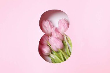 Pembe arka planda taze bahar laleleri olan 8 numara. Asgari Kadınlar Günü, 8 Mart ya da doğum günü konsepti. Düz yatış, üst görünüm.