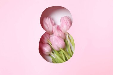 Pembe arka planda taze bahar laleleri olan 8 numara. Asgari Kadınlar Günü, 8 Mart ya da doğum günü konsepti. Düz yatış, üst görünüm.