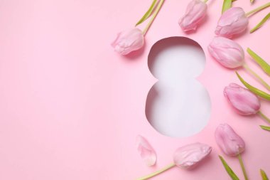 Pembe arka planda taze bahar laleleri olan 8 numara. Asgari Kadınlar Günü, 8 Mart ya da doğum günü konsepti. Düz yatış, üst görünüm.
