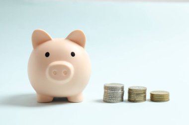 Para tasarrufu, mali güvenlik veya kişisel fon kavramı için renkli arkaplan üzerine domuz sikkesi bankası.