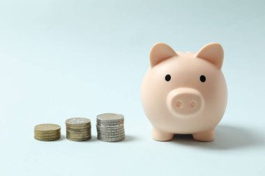 Para tasarrufu, mali güvenlik veya kişisel fon kavramı için renkli arkaplan üzerine domuz sikkesi bankası.