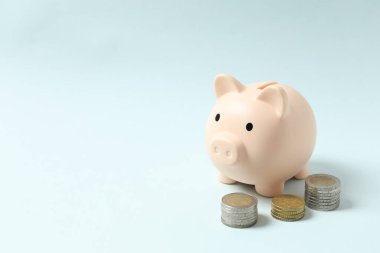 Para tasarrufu, mali güvenlik veya kişisel fon kavramı için renkli arkaplan üzerine domuz sikkesi bankası.