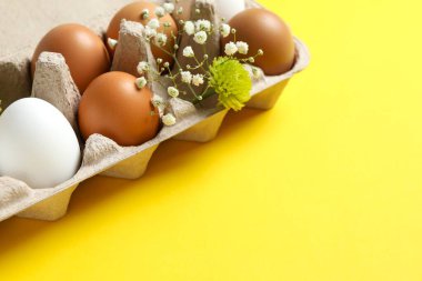 Çiçekli karton bir pakette tavuk yumurtası.