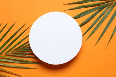 Renkli arka planda beyaz bir kart ile yeşil palmiye yaprakları