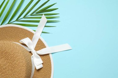 Arka planda palmiye yaprağı olan hasır şapka, üst görünüm