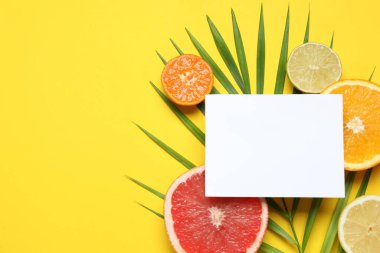 Beyaz kartla yazlık tropikal kompozisyon. Renkli arka planda yeşil palmiye yaprakları ve tropikal meyveler. Yaz kavramı. Düz konum, üst görünüm, kopyalama alanı