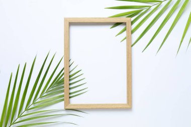 Beyaz arka planda ahşap çerçeveli yeşil palmiye yaprakları