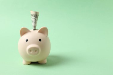 Para tasarrufu, mali güvenlik veya kişisel fon kavramı için renk arkaplanı üzerine domuz sikkesi bankası